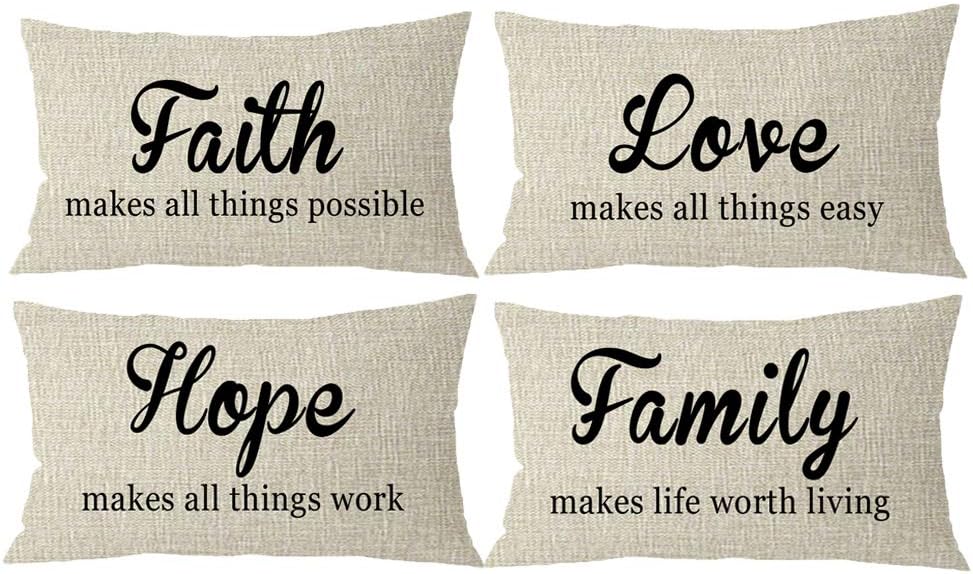 NIDITW Set of 4 Happy Easter Gift Family Hope Love Faith with European Floral Pattern Cream Lumbar Burlap Throw Pillow Cover Pillow Case Cushion Cover Sofa Decorative Rectangle 12x20 Inches