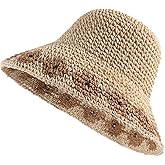 Women Brown Beige 2PCS Summer Soft Straw Hat Small Flower Woven Basin Hats Vacation Beach Hat Foldable Sunshade Hat Cap