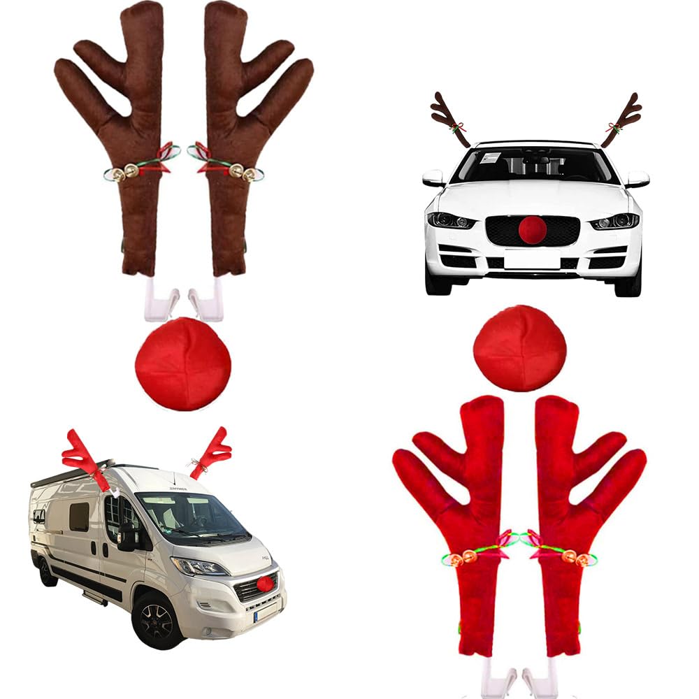 Photo 1 of ?Christmas Reindeer Antlers Car Kit – 2 Set Plush Rudolf with Jingle Bells & Red Nose, Easy-Install for SUV/Truck/Car (Brown and red)?