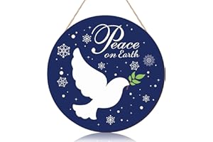 Gerrii Blue Christmas Decorations Hanging Wooden Sign Peace on Earth Door Sign Round Snow Wreath for Front Door Funny Winter Wreath Sign Rustic Xmas Wood Sign