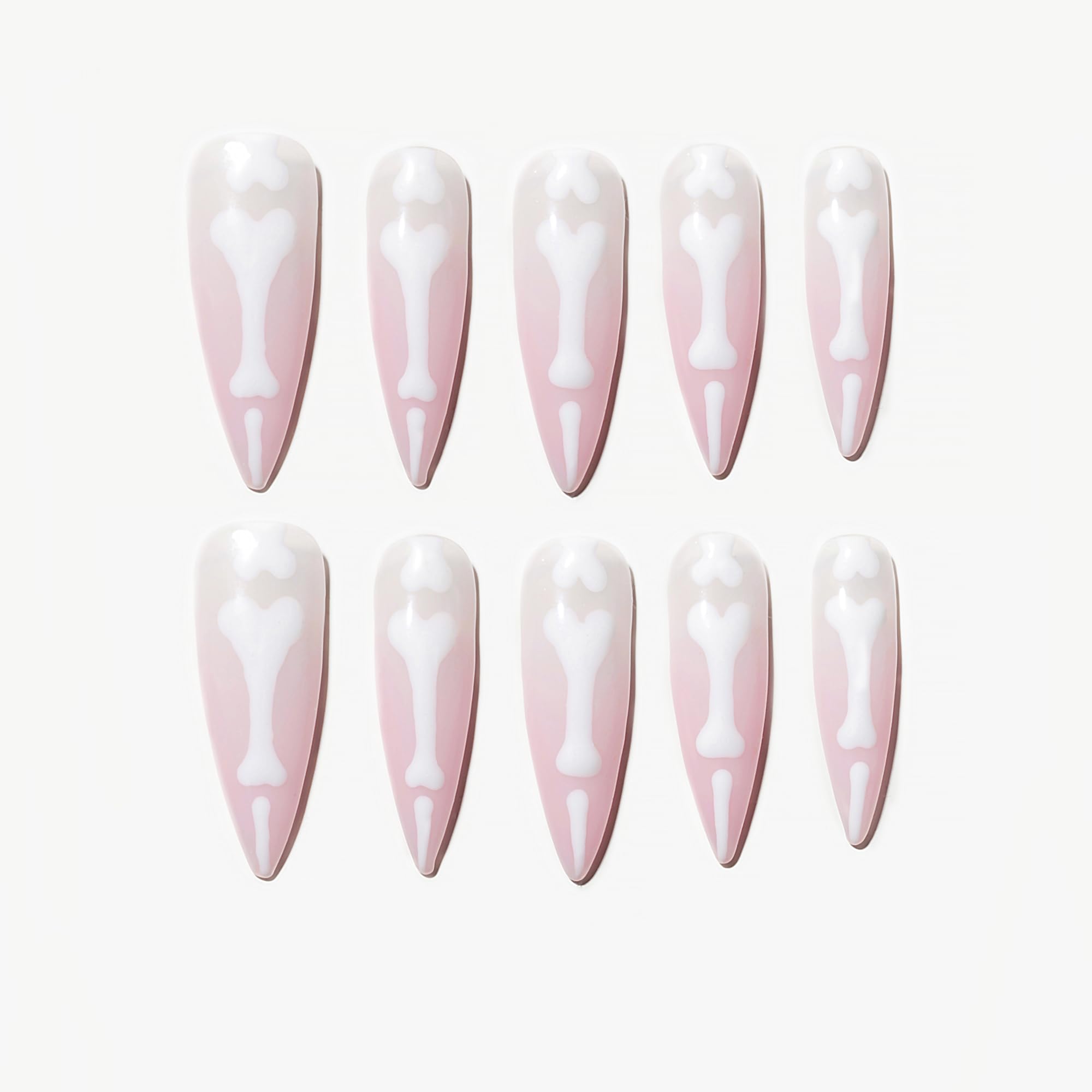 Sun&Beam Nails Handmade Press-on Long Almond Stiletto Pink White Halloween Glow In Dark Skeleton Finger Design False Nail Tips 10 Pcs (#127 L)
