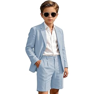 AKsit Boys 2 Piece Linen Shorts Suits Summer Formal Tuxedo Suit for Kids Beach Wedding Outfit Slim Fit Jacket Shorts Set