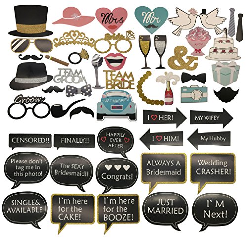 52Pcs Funny Wedding Photo Booth Props Kit with Wooden Dowels Bridal Shower Accessories Valentine’s Day Anniversary Decoration Photo Booth DIY Party Supplies