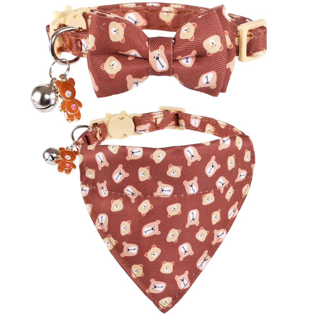 Photo 1 of Lamphyface Cat Collar Breakaway with Cute Bow Tie Bandana and Bell Accessories Bear for Kitty Adjustable Safety
