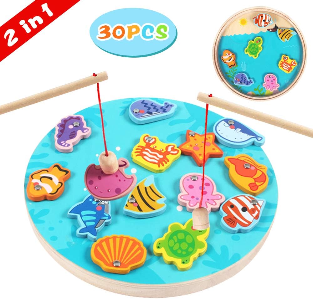 FATE TO FATE 2 In 1 Fishing Games 30 PCS Wooden Magnetic Numbers Fishing Toys for 2 3 4 5 6 Year Old Kids Girls Boys Toddles Birthday Learning Educational Fishing Game Toys with Magnet Poles