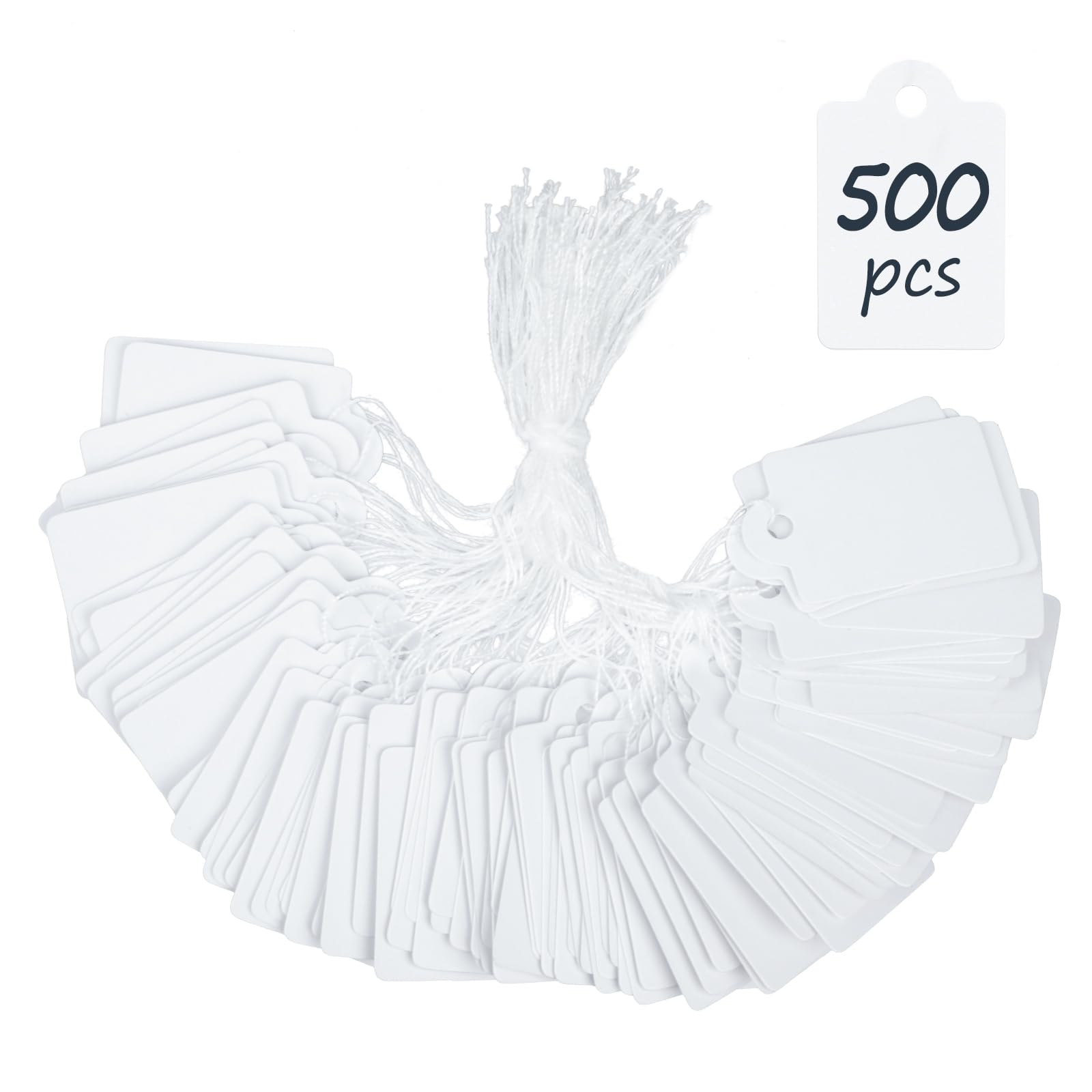 Uniclife 500 Pcs Writable Price Labels 2.5 cm White Display Tags for Clothing, Jewelry, Gifts & More with Hanging Strings