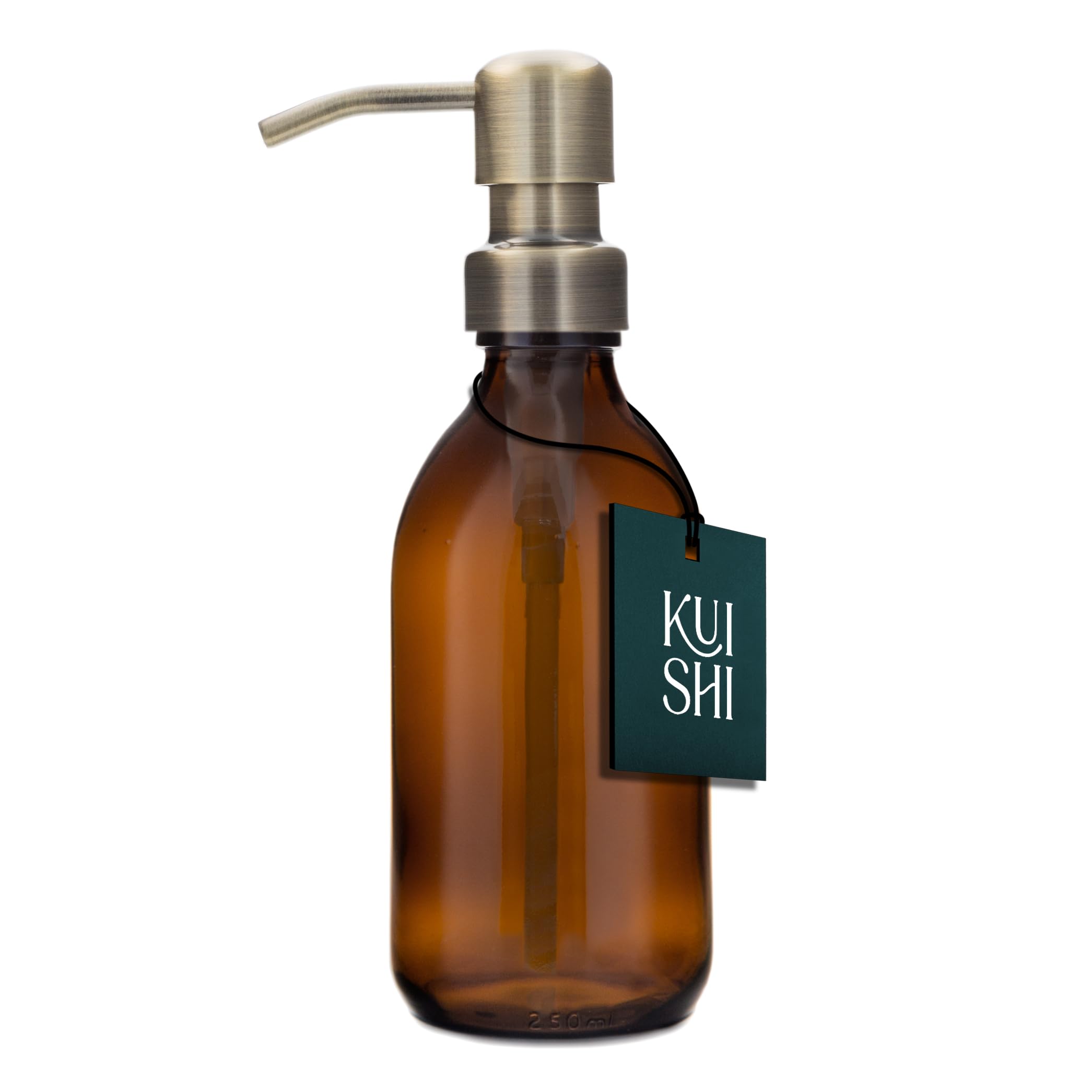 Kuishi Glass Soap Dispenser with Gold Stainless Steel Pump - 250ml Refillable BPA-Free Hand Soap Dispenser for Kitchen & Bathroom, Amber