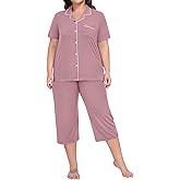 SWOMOG Capri Pajama Women's Plus Size Pajamas Set Short Sleeve Button Down Sleepwear Soft Pants Lounge Sets 2-Piece Pjs