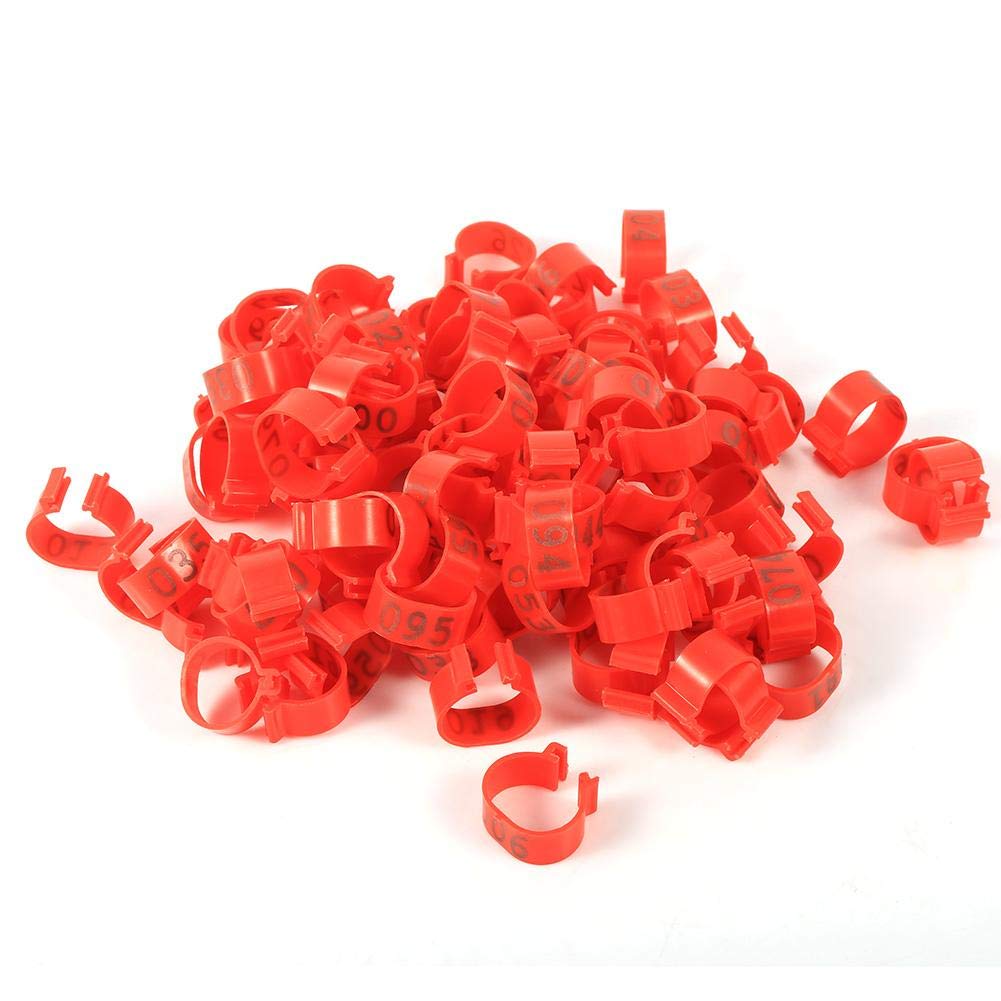 Pssopp 100PCS 16mm Clip On Chicken Leg Bands for Bird Identification on Poultry - Numbers 001-100 for Hens, Ducks, Chicks, Doves, Parrots (Red)