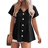 Tankaneo Womens Babydoll Tops Summer Short Sleeve Peplum Flowy Blouse Casual Spring Loose Button Down V Neck Ruffle Shirts
