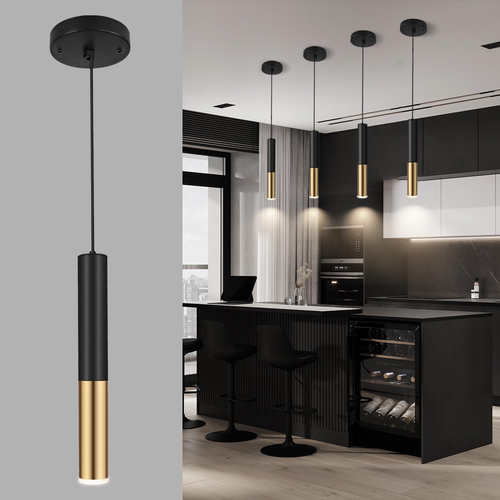 Photo 1 of XIYAZG Modern Black and Gold Pendant Light Fixture for Kitchen Island, 1-Light Pendant Lighting, Lights Cord Adjustable, Matching GU10 lamp Holder,for Living Room Bedroom Dining Room