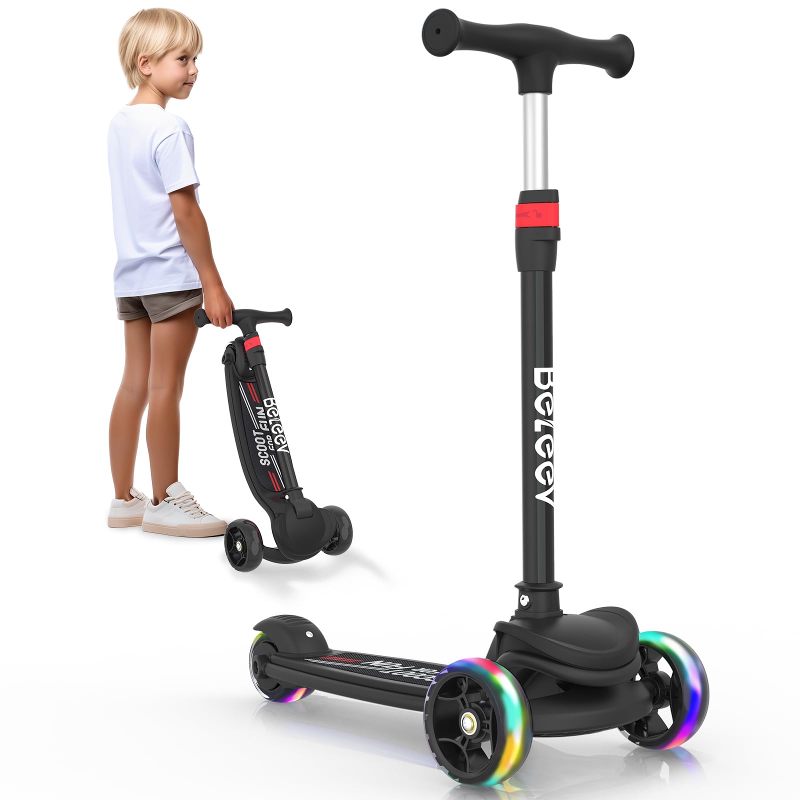 BELEEV A8 Foldable Scooter for Kids Ages 3-12, 3 Wheel Scooter for Toddlers Girls Boys, Kick Scooters with Light up Wheels for Children, Adjustable Height, Lean to Steer, Non-Slip Deck (Black) — image 1
