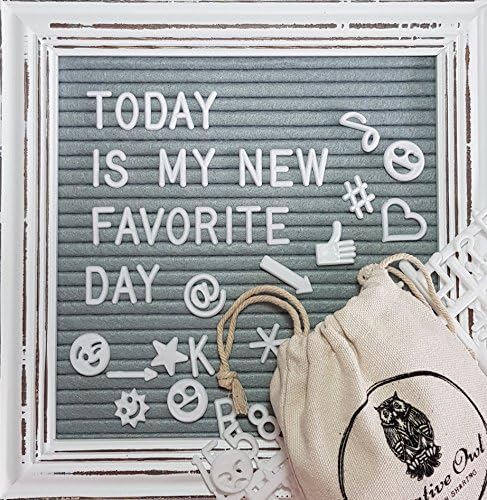 Felt Letter Board, White Vintage-Style Wood Frame 10 x 10 Inches to Hang or Stand, 340 Changeable Characters in Canvas Storage Bag, Gray Backing, Rustic Message Board by Creative Owl, Free Bonus Gifts
