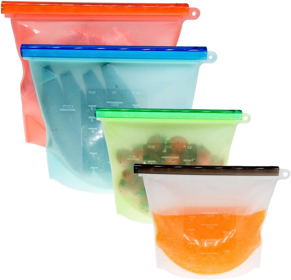4 PCS Reusable Silicone Food Bags, Tcebuy Reusable Freezer Bags Large, Air-Tight Silicone Food Storage Bag, Reusable Sandwich Bag, Leak-Proof Ziplock Bags for Food, Sous Vide Bag, BPA-Free