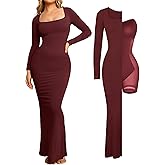 Popilush Women's Long Sleeve Maxi Dress Built-in Shapewear Bra Square Neck Fall Formal Wedding Guest Cocktail Bodycon Dresses