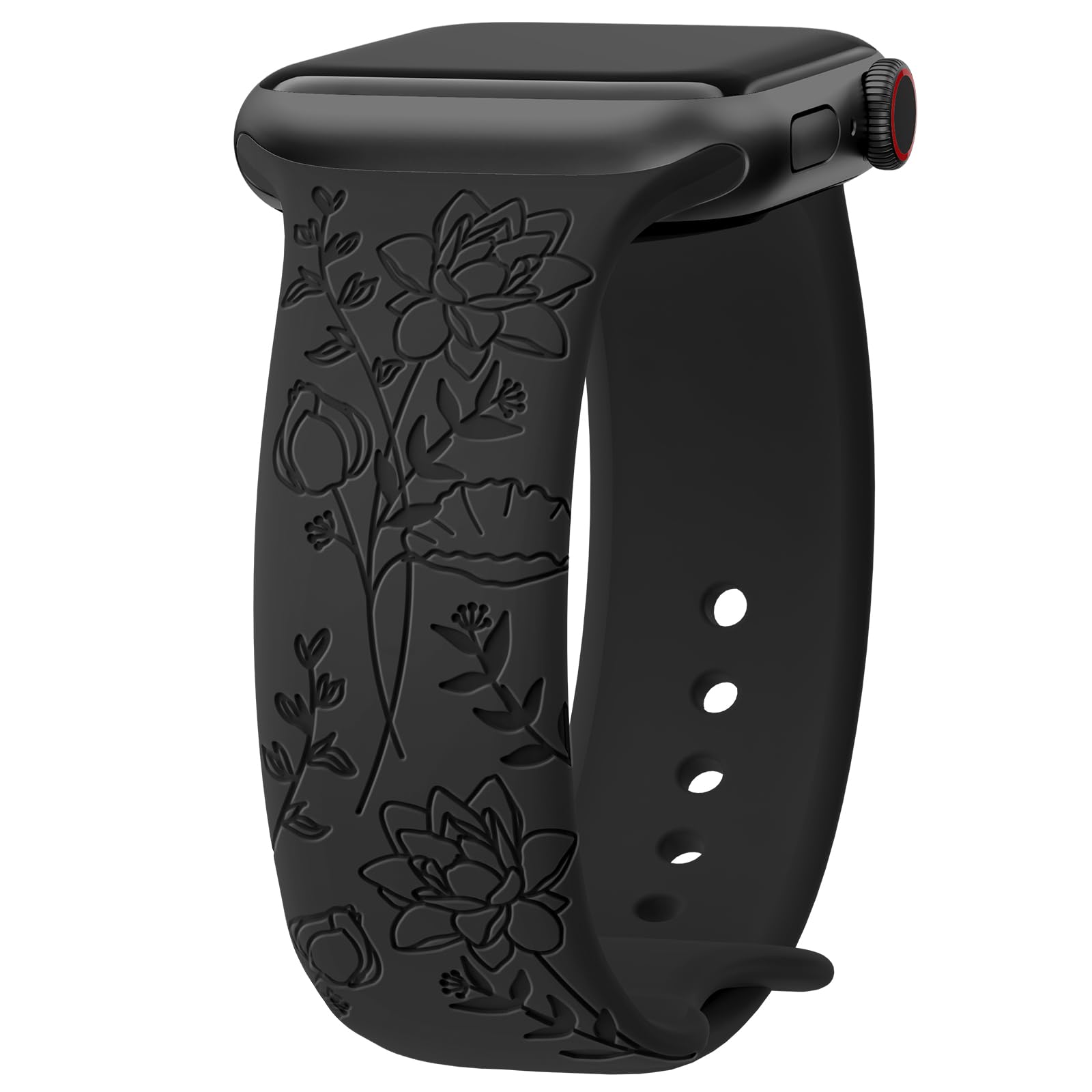 Yoohoo Floral Engraved Strap for Apple Watch Straps 38mm 40mm 41mm 42mm 44mm 45mm 46mm 49mm,Cute Flower and Soft Silicone Sport Band for iWatch Series 11 10 9 8 7 6 5 4 3 2 1 SE Ultra,Women,Black