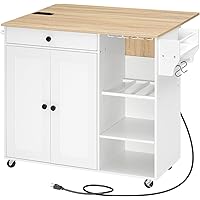 HOOBRO Kitchen Island with Storage, Rolling Kitchen Island with Folding Drop Leaf, Charging Station, Spice Rack, Drawer, Mobi
