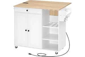 HOOBRO Kitchen Island with Storage, Rolling Kitchen Island with Folding Drop Leaf, Charging Station, Spice Rack, Drawer, Mobi