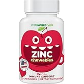 VitaWorks Kids Zinc 15mg Chewable Tablets - Natural Cherry Flavor - Vegan, Vegetarian, GMO-Free, Gluten Free, Nut Free Vitamins - Dietary Supplement for Immune Support - for Children - 120 Chewables
