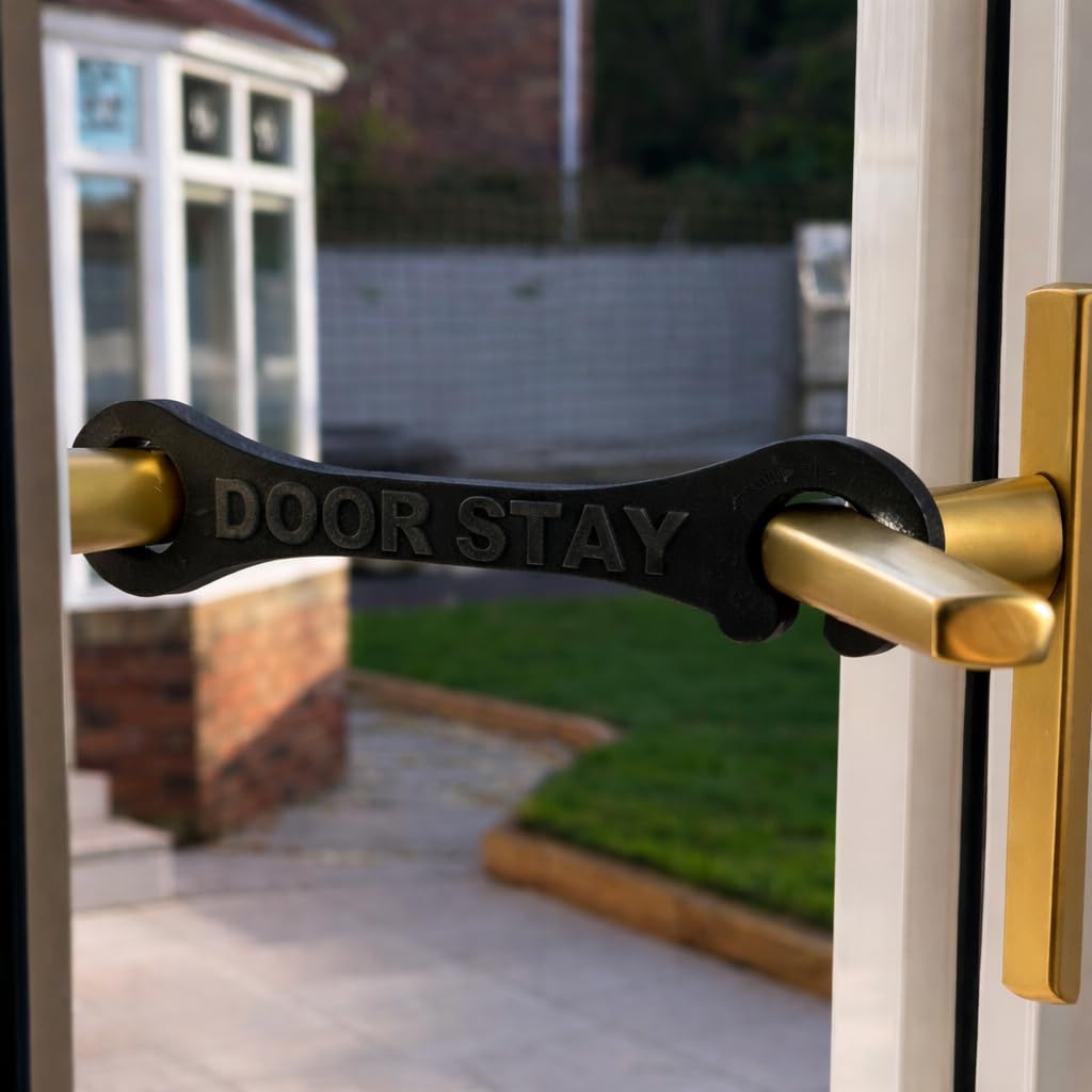 Door Stay® – Hold Open Patio Door Holder – French Door Stay Restraint – for Cats & Dogs – Ventilation Aid – Creates Controlled 18–20 cm Opening – Black