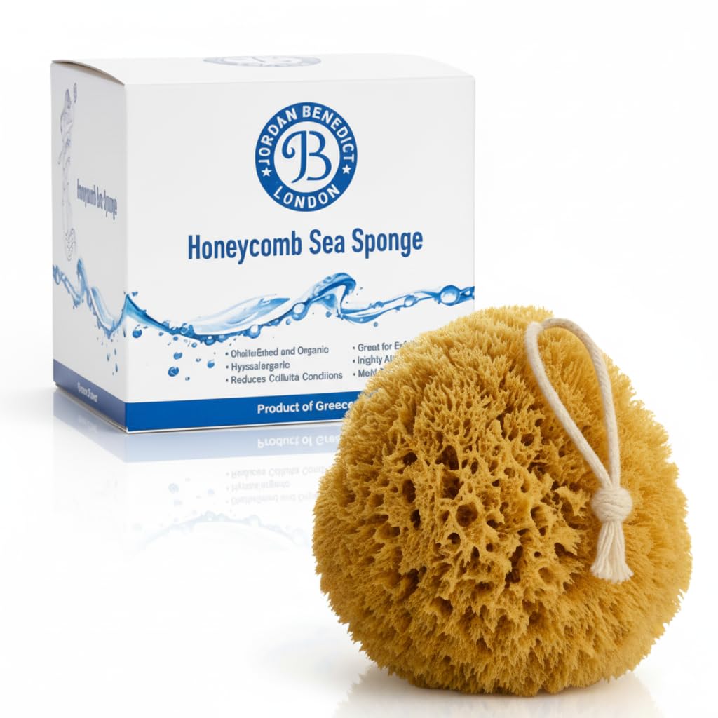 Jordan Benedict Natural Sea Sponge, Unbleached Honeycomb Bath Sponge, Exfoliating Bath Sponges for Adults, Organic Shower Sponges for Women and Men (XL, 1 Piece)