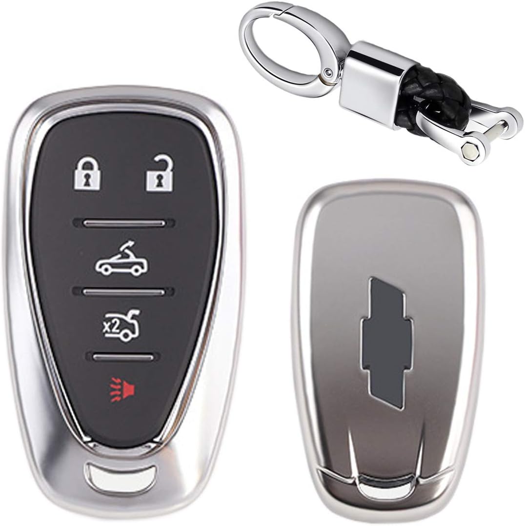 MODIPIM Keyless Entry Remote Case Key Fob Cover with Braided Cord Keychain Soft TPU Holder Shell Covers for Chevrolet Camaro Cruze Malibu 2/3/4/5-Button Color Silver