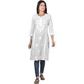 Vrnda Women's White Chikankari Cotton Kurti Hand Embroidered Tunic Top Fit | Lucknowi Straight Knee Length Pakistani Kurta Top, Breathable Summer Cotton for Office Travel Festival Casual Daily Wear