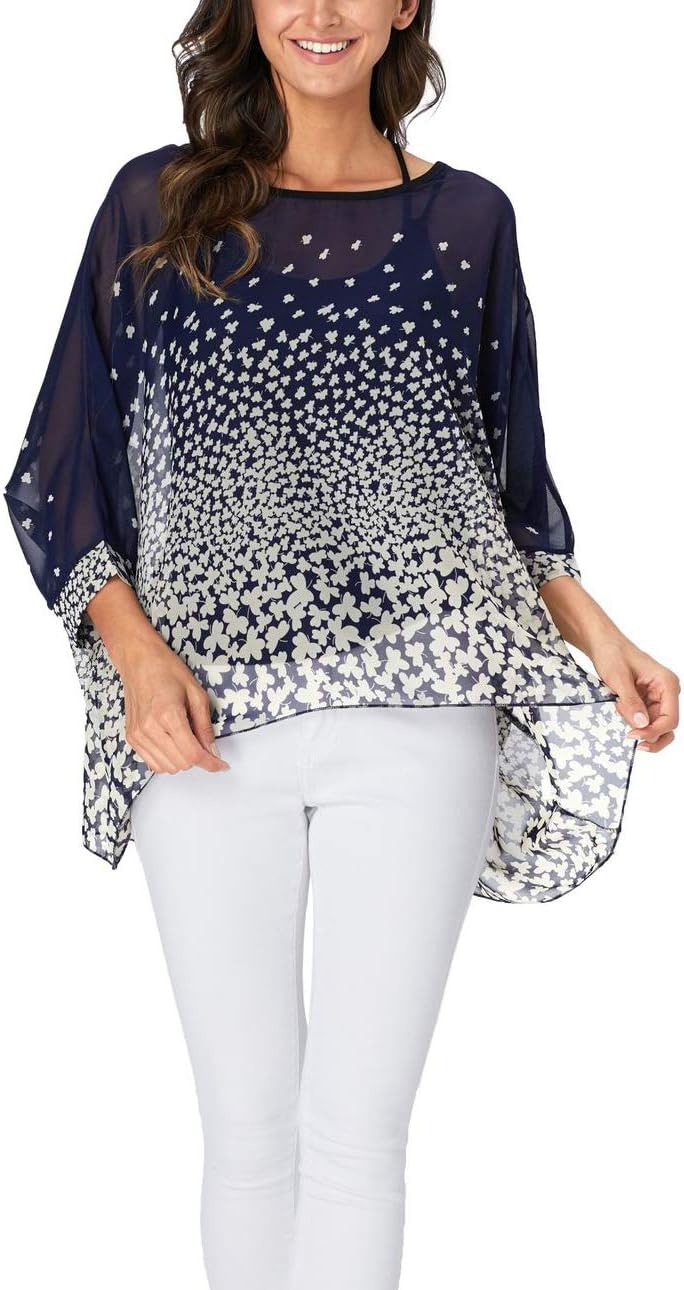 Women's Bohemian Style Batwing Sleeve Butterflies Printed Chiffon Caftan Poncho Tunic Top Beach Loose Shirt