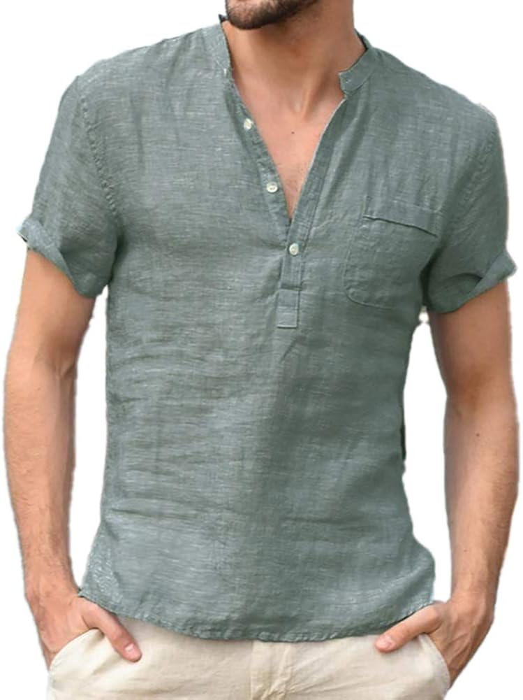 Men's Linen Cotton Henley Shirt - Casual Short Sleeve Hippie Button Up Beach T Shirts -7 Colors at  Men’s Clothing store