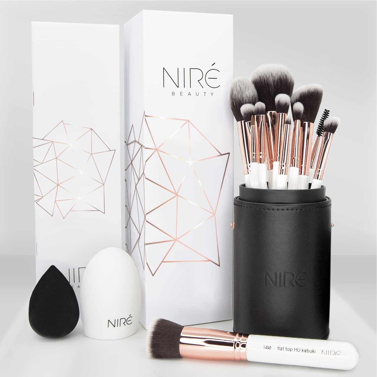 Niré Beauty Professional Makeup Brushes - 15-piece Award Winning Vegan Makeup Brush Set with Case, Blending Sponge, Brush Cleaner, Guide, Gift Box