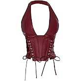 SOLY HUX Women's Plus Size Halter Tops PU Leather Deep V Neck Lace Up Backless Sleeveless Summer Crop Tank Top