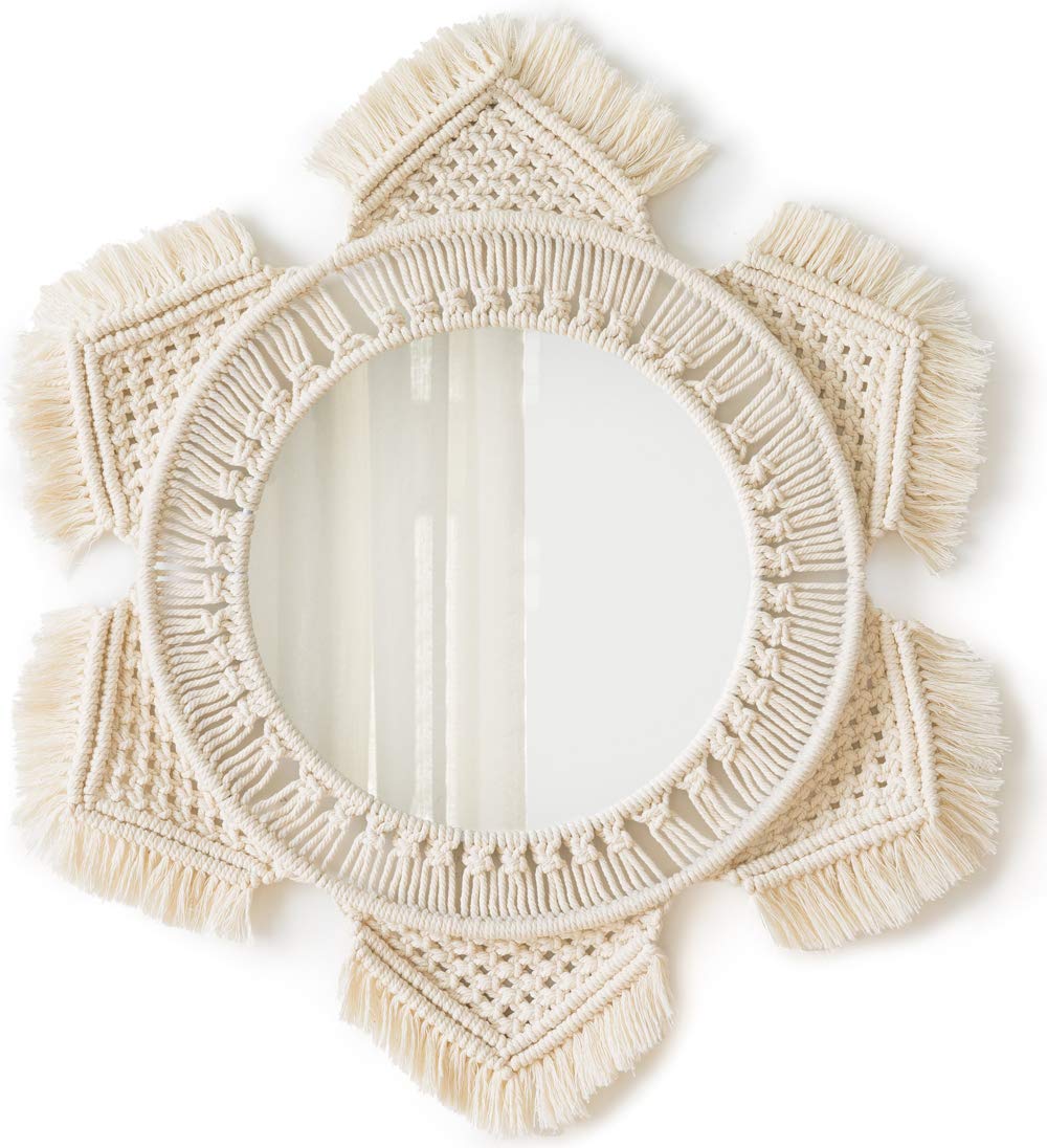 Photo 1 of Mkono Boho Wall Mirror Decor Round Macrame Hanging Wall Art Decoration for Bedroom Nursery Living Room Apartment Office Entryways Home, Teen Girl Mothers Gift, Ivory