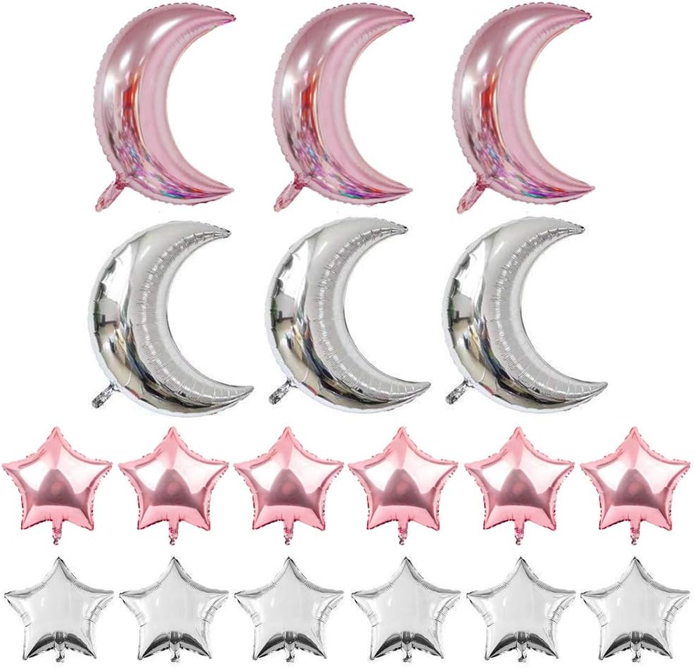 Crescent Moon Shaped Mylar Balloons 28 inch Moon and Star Party Balloons Pack of 18 for Birthday Party Anniversary Celebrate Parties Wedding Baby Shower Decorations (Moon and Star Rose Gold 28 In)