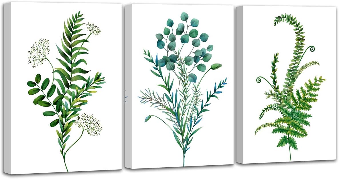 Wall Art For Bedroom 3 Panel - Watercolor Style Tropical Plant Green Leaves - Giclee Print Gallery Wrap Modern Framed Artwork Canvas Prints Ready to Hang for Home Decoration - 12"x16" x 3 Panels
