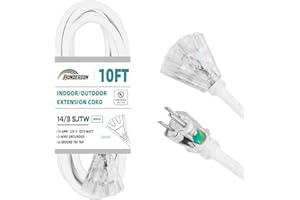 HONDERSON 3-Outlets Indoor Outdoor Extension Cord Weatherproof with Lighted End, UL Listed, 14 Gauge 10FT White 3 Prong Heavy