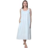 LA CERA Women's Sleeveless Embroidered Nightgown, 100% Cotton, Side Pockets, Lace Inset V-Neckline, Summer Sleepwear