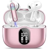 Wireless Earbuds Bluetooth 5.3 Headphones Bass Stereo Ear Buds with Noise Cancelling Mic LED Display in Ear Earphones IP7 Waterproof 36H Playtime for Laptop Pad Phones Sports Workout Pink Gold