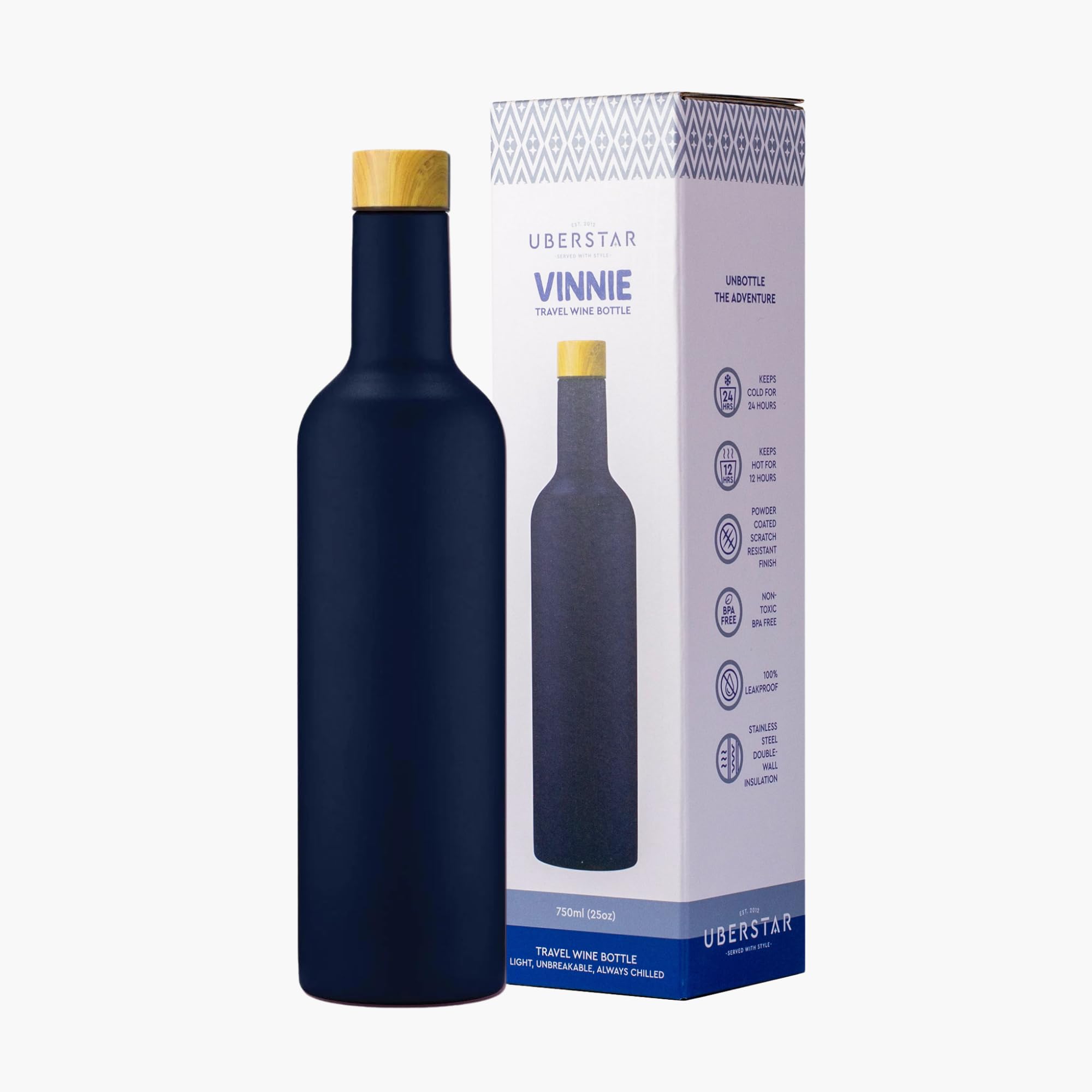 EST 2012 UBERSTAR BARWARE & GIFTS VINNIE Stainless Steel Insulated Travel Wine Bottle 750ml / Hot or Cold Drinks/Reusable Flask Screw Top/Water Wine Juice (Indigo)