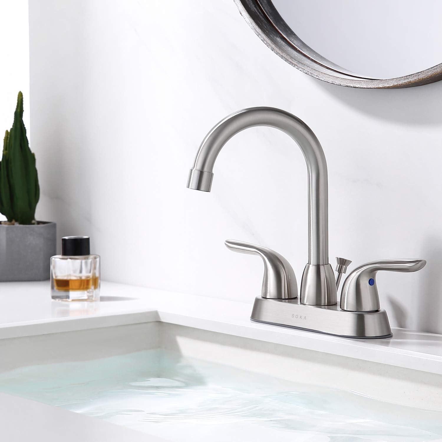 SOKA 2 Handle Bathroom Faucet Brushed Nickel, 4 Inch Brushed Nickel Bathroom Sink Faucet Centerset with Drain Assembly and Supply Hoses, RV Bathroom Faucet 3 Holes, Brushed Nickel Bathroom Faucet - - 