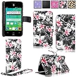 Cellularvilla Wallet Case for ZTE Z667 (AT&T) Zinger (T-Mobile) Whirl 2 (Net 10) / ZTE Prelude 2 Pu Leather Wallet Card Flip Open Pocket Case Cover Pouch (Black Pink Flower)