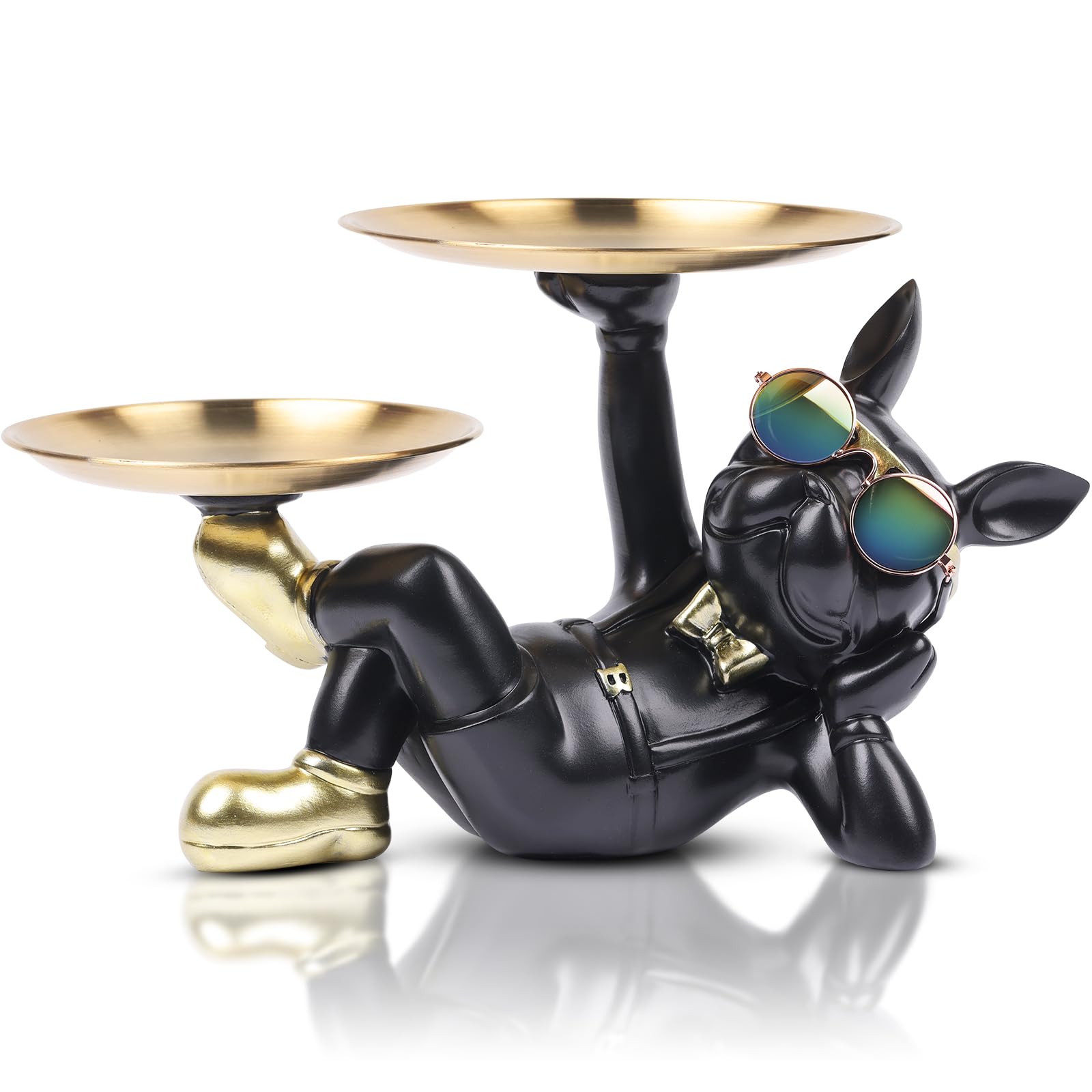 Suruim Resin Bulldog Statue with Two Storage Trays, Black, 10.43in/26.5cm x 6.69in/17cm x 6.69in/17cm