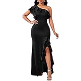 VERWIN One Shoulder Bodycon Ruffle Split Sleeveless Floor Length Prom Party Cocktail Maxi Dress