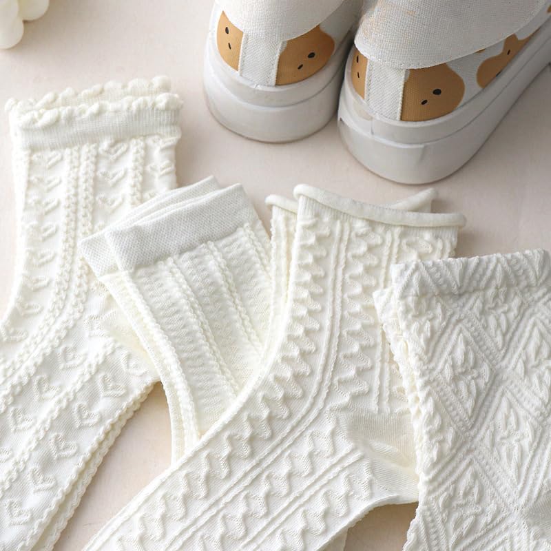 Tyadorw 5 Pairs White Coquette Ankle Socks for Women - Cute Cable Knit Lace Ruffle Frilly Cottagecore Floral Crew Socks