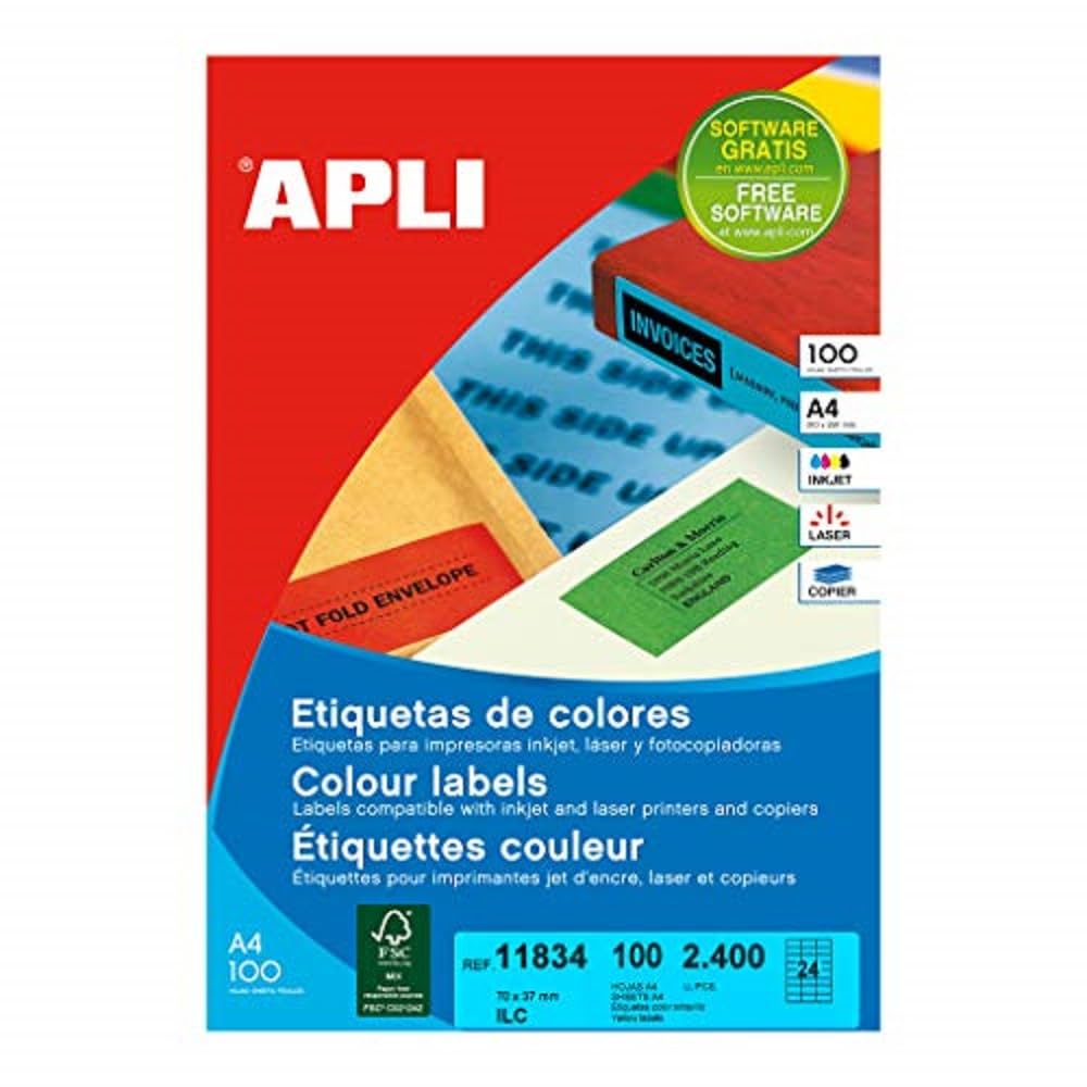 APLI 11834 Permanent Yellow Labels 70.0 x 37.0 mm 100 Sheets