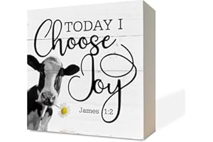 RAZPAH Christian Wood Signs, James 1:2 - Today I Choose Joy, Box Sign Decor Tabletop, Cow Decor Sign, Decorative Block Sign, Inspirational Sign, Farmhouse Decor for Shelf, Rustic Christian Home Table Décor