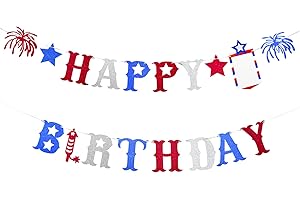 PHOTKEN Red White Blue Glitter Patriotic Happy Birthday Banner - American Themed Hanging Paper Garland Bunting Banner with Fireworks and Stars Decorations, 4th of July Photo Backdrop for Wall Mantle Office