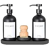 Ronasip Set of 5 Kitchen Soap Dispenser Set 16 Oz Glass Hand Dish Soap Dispenser with Stainless Steel Pump, Cement Tray, Dish Scrub Brush for Farmhouse Rustic Home Bathroom Decor (Black)