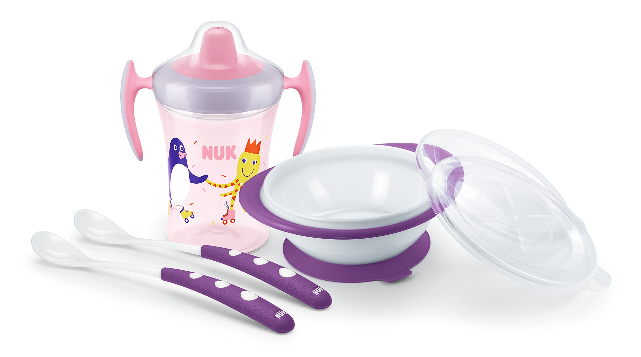 NUK Learning to eat Set, Trainer Cup, Drinking Cup (230 ml), Learning Bowl and Feeding Spoon, from 6 Months, BPA-Free, Purple, 4 Pieces
