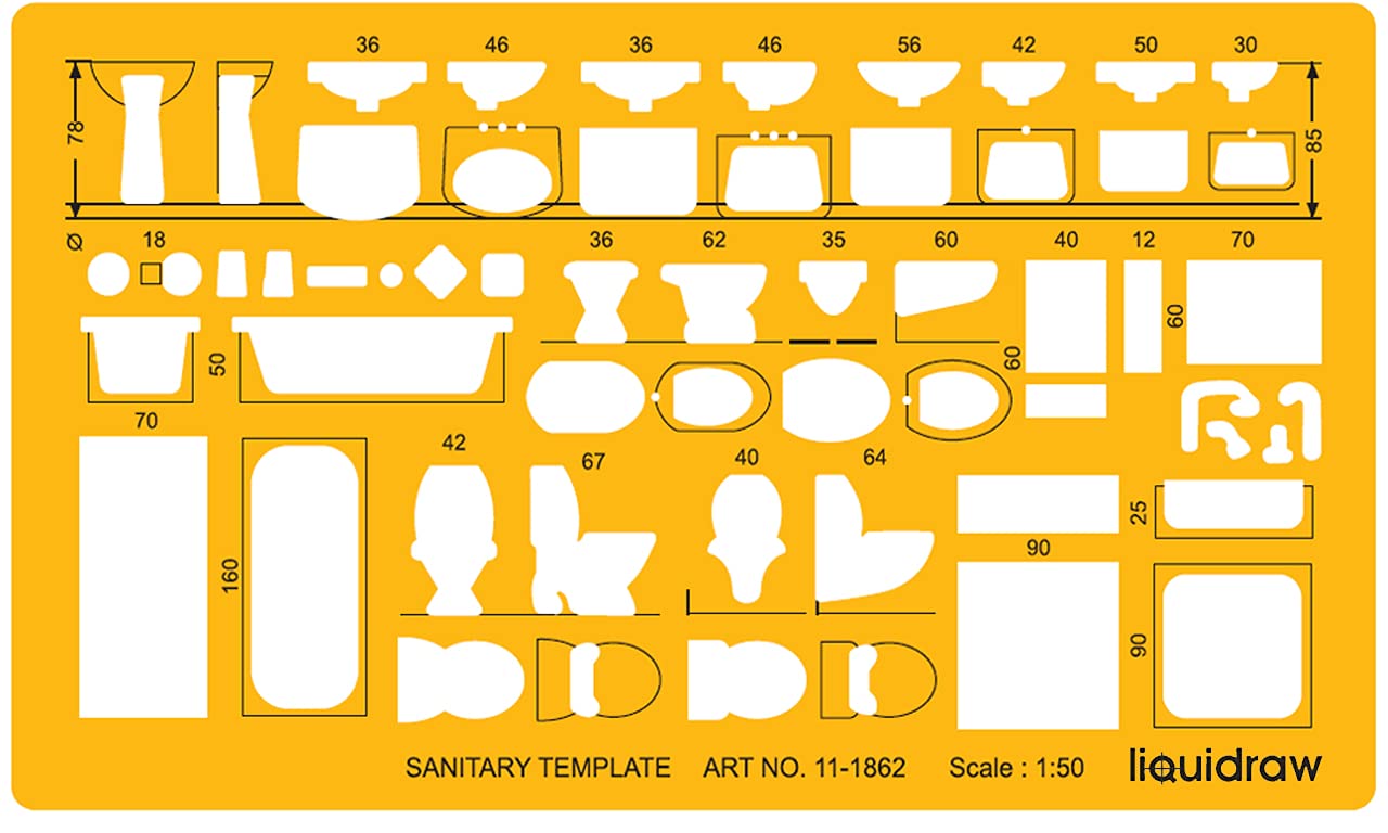 Liquidraw 1:50 Architectural Scale Ruler | House Interior Floor Plan Template | Technical Architect Drafting Tool | Contains Furniture & Fixtures Symbols for Bathroom, Bathtubs & More | 1.5mm Thick