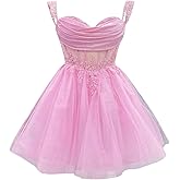 Tulle Homecoming Dresses Short for Teens Sparkly Lace 3D Floral DAMA Dress for Quinceanera Beaded Off Shoulder Prom Dress